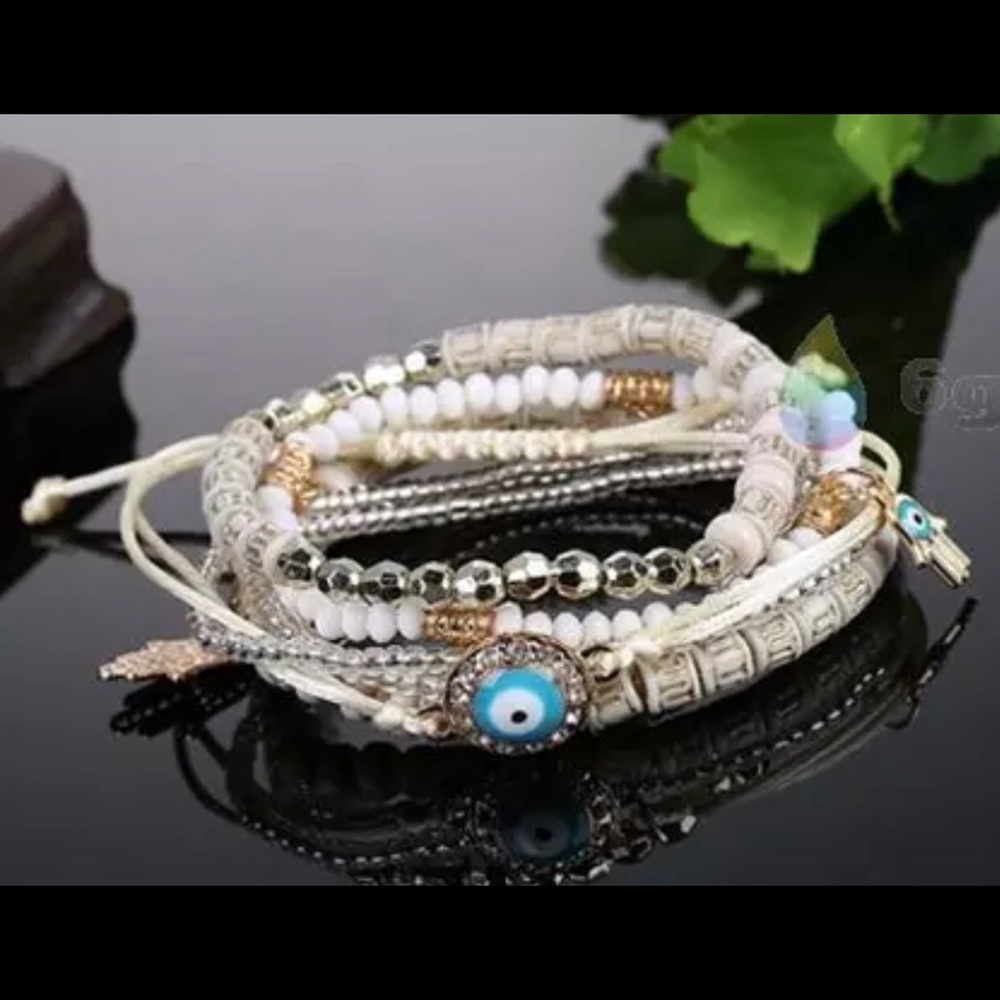 CREAM HAMSA EVIL EYE SLIP ON STRETCH BRACELETS SET